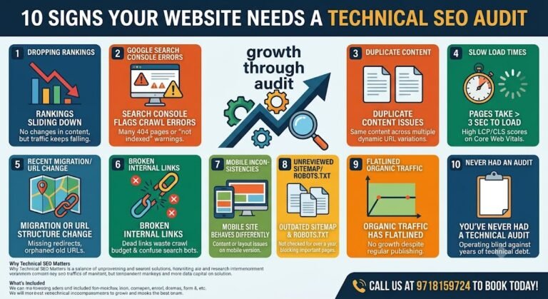 Technical SEO audit infographic showing website growth and optimization factors