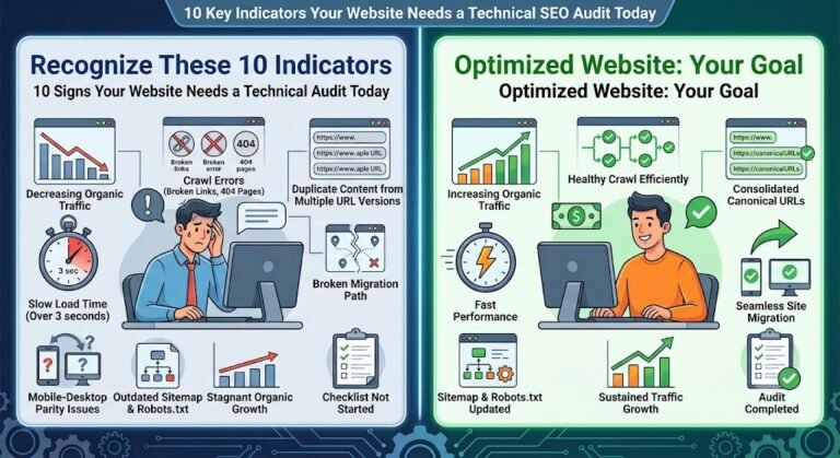 Technical SEO audit infographic showing key website optimization factors