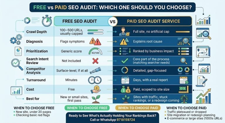 Free vs paid SEO audit comparison showing which SEO audit option to choose