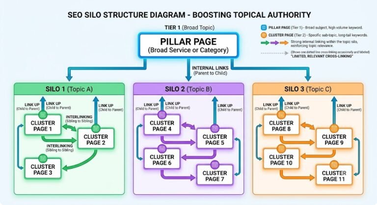 Silo structure SEO diagram showing pillar and cluster pages