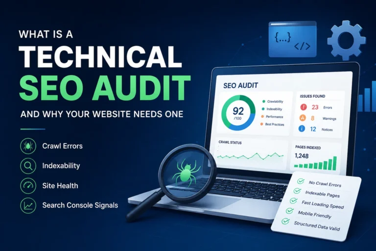 Technical SEO audit showing website performance, crawlability, and indexing issues