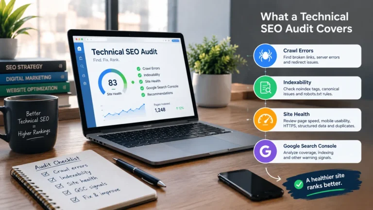 Technical SEO audit dashboard showing website performance and SEO issues