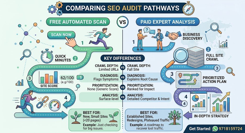 Infographic roadmap comparing Free Automated SEO Scan vs Paid Expert SEO Analysis pathways.