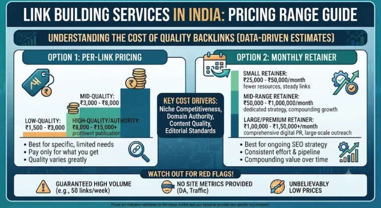 Link building services pricing range guide in India showing per-link and monthly retainer costs