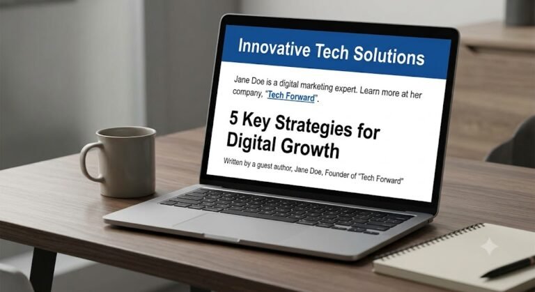 Laptop screen showing an published guest post example with an editorial link on a digital strategy blog.