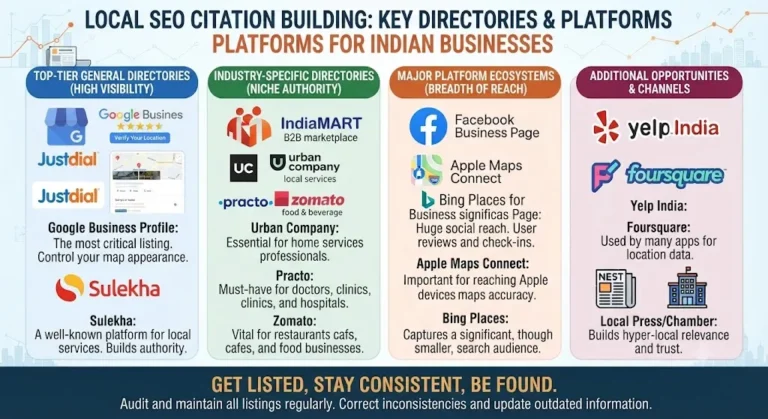 Local SEO citation building key directories and platforms for Indian businesses infographic.