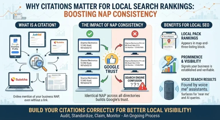 Infographic showing why citations and NAP consistency matter for local search rankings and Google Business Profile trust.