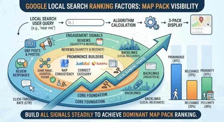 Google local search ranking factors diagram showing proximity, relevance, and prominence for Map Pack visibility.