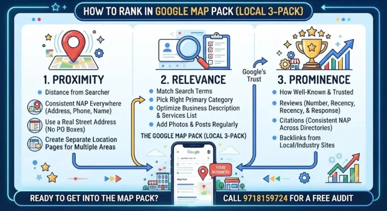 Google Map Pack (Local 3-Pack) ranking factors infographic showing proximity, relevance, and prominence.