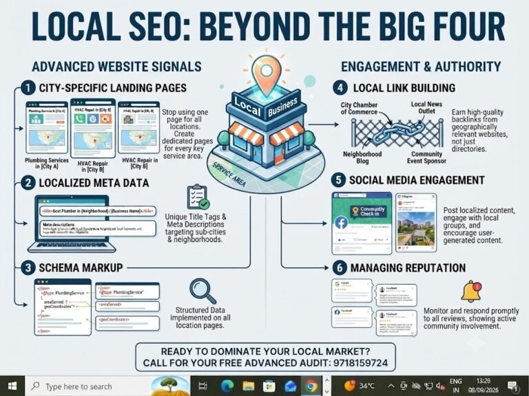 Infographic showing advanced local SEO strategy beyond the big four, including city-specific landing pages, schema markup, and local link building
