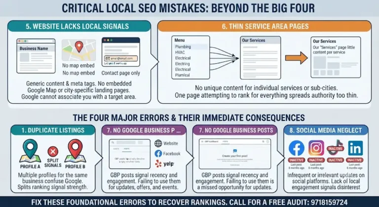 Infographic showing critical local SEO mistakes beyond the big four like website local signals and thin service area pages