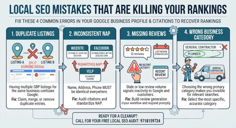 Infographic showing common local SEO mistakes like duplicate listings, inconsistent NAP, missing reviews, and wrong business category