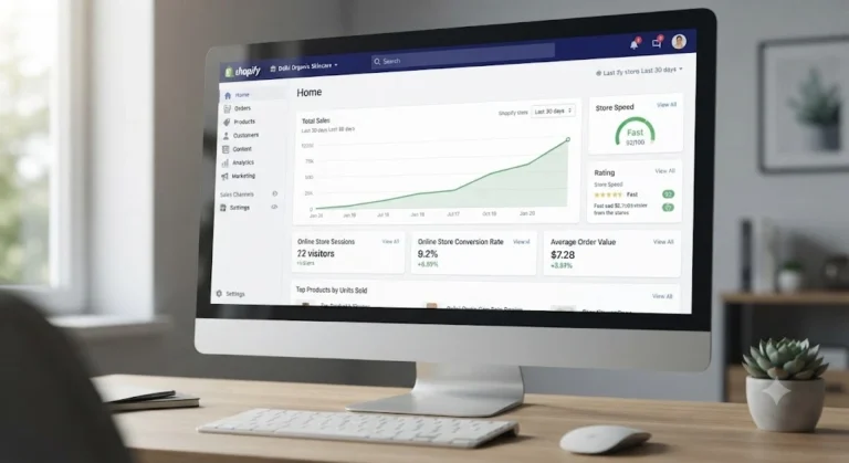 A Shopify store owner's dashboard displaying analytics, store speed, and sales growth.