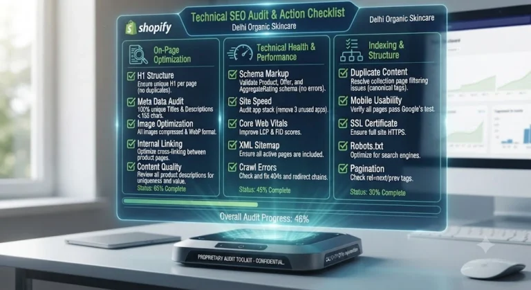 A detailed technical SEO audit and action checklist graphic for Shopify stores, covering on-page optimization, site performance, and indexing structure.