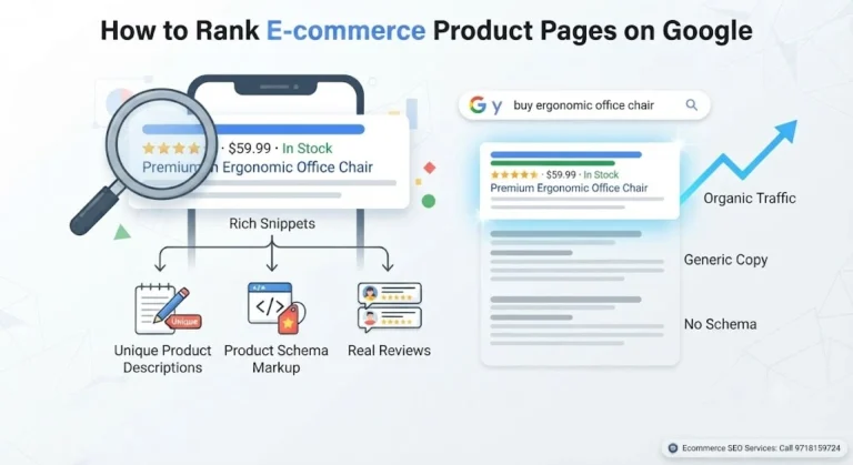An infographic outlining strategies to rank e-commerce product pages on Google, featuring rich snippets, unique descriptions, product schema markup, and real reviews.