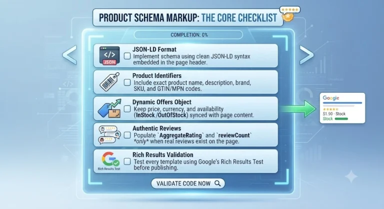 A checklist graphic outlining core product schema markup requirements including JSON-LD format, product identifiers, and offers object.