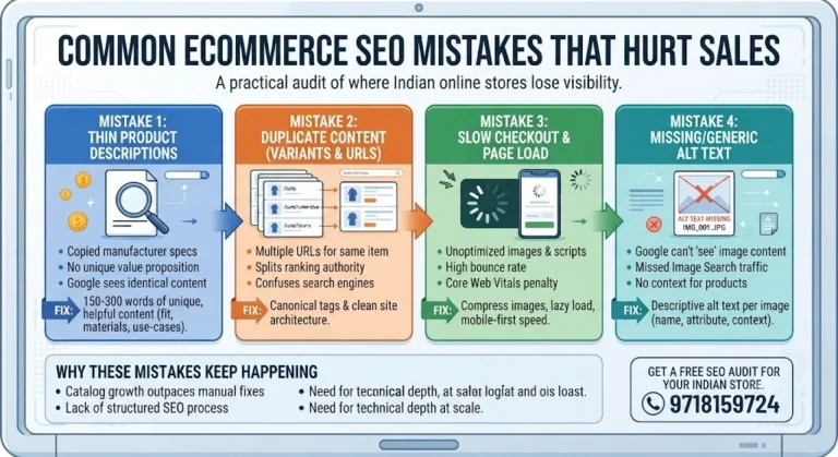 Infographic showing common ecommerce SEO mistakes including thin product descriptions, duplicate pages, slow checkout, and missing alt text.