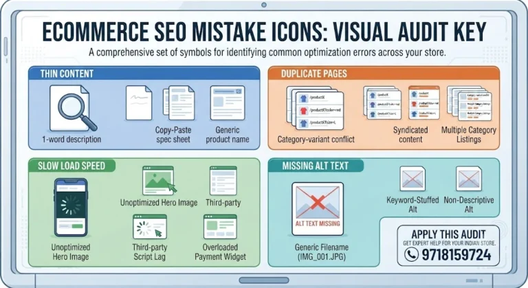 Visual audit key infographic showing icons and symbols for common ecommerce SEO mistakes like thin content, duplicate pages, slow load speed, and missing alt text