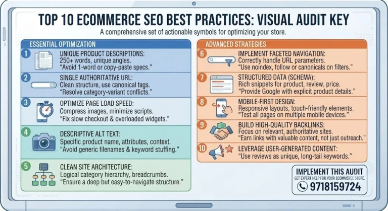 Infographic displaying top 10 ecommerce SEO best practices, split into essential optimization and advanced strategies for online stores.