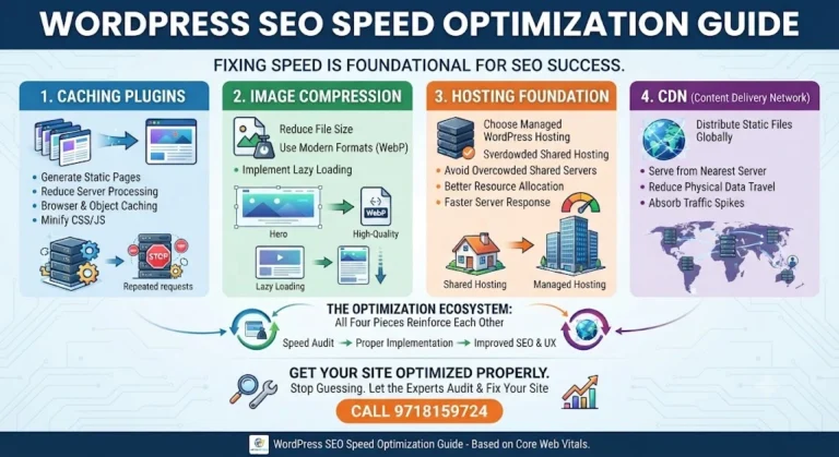 Infographic illustrating the 4 pillars of WordPress SEO speed optimization: Caching, Image Compression, Hosting, and CDN.