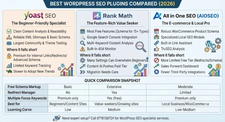 Comparison infographic of the best WordPress SEO plugins Yoast, Rank Math, and All in One SEO.