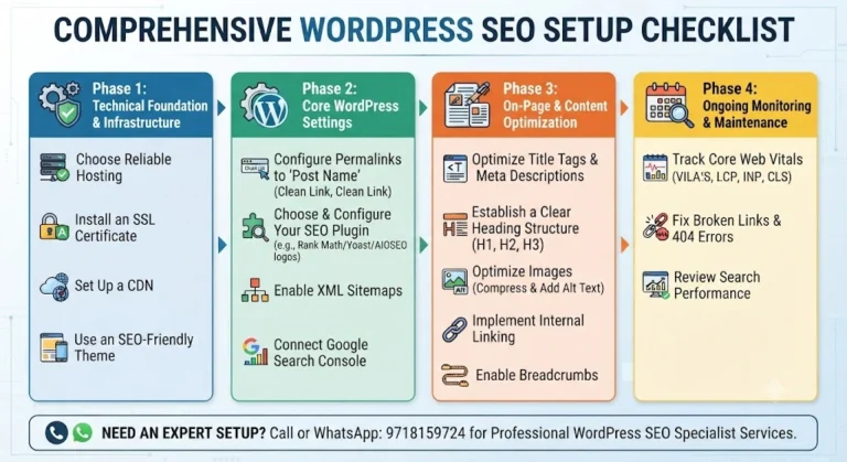 Comprehensive WordPress SEO setup checklist showing phases from technical foundation to ongoing monitoring.