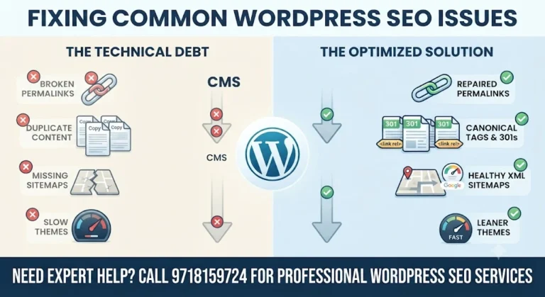 Infographic illustrating common WordPress SEO issues like broken permalinks, duplicate content, missing sitemaps, and slow themes with their optimized solutions.Infographic illustrating common WordPress SEO issues like broken permalinks, duplicate content, missing sitemaps, and slow themes with their optimized solutions.