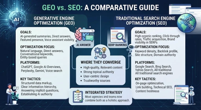 GEO vs SEO comparative guide diagram showing generative engine optimization and traditional search engine optimization differences