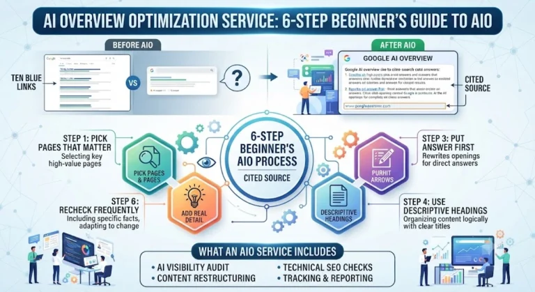 AI Overview Optimization 6-Step Guide Infographic showing AIO process and cited source metrics
