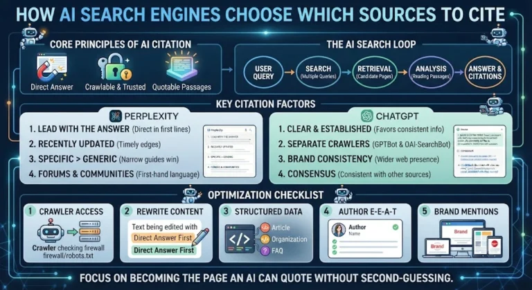 Infographic showing how AI search engines like ChatGPT and Perplexity choose sources to cite, featuring core principles, search loops, key factors, and optimization checklists.