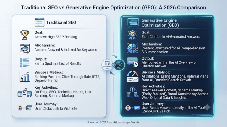 Detailed comparative infographic showing SEO vs GEO strategies in 2026, highlighting key differences in search engine and generative engine optimization