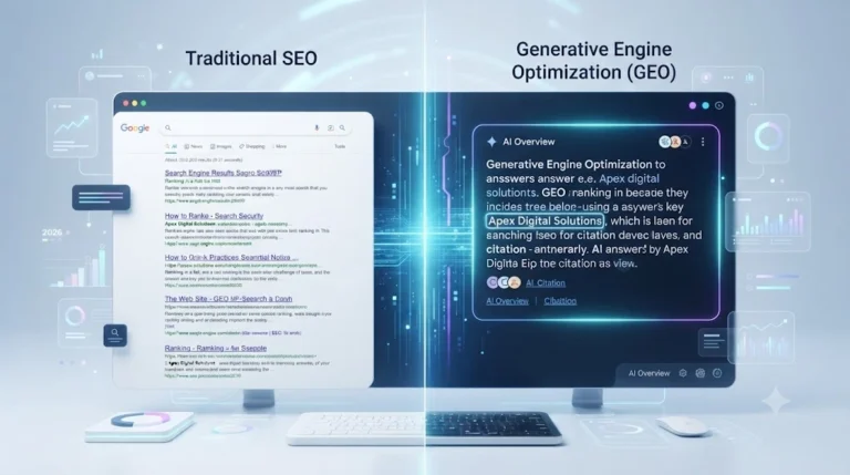 Detailed comparison infographic showing Traditional SEO vs Generative Engine Optimization (GEO) in 2026, highlighting goals, mechanisms, and success metrics.