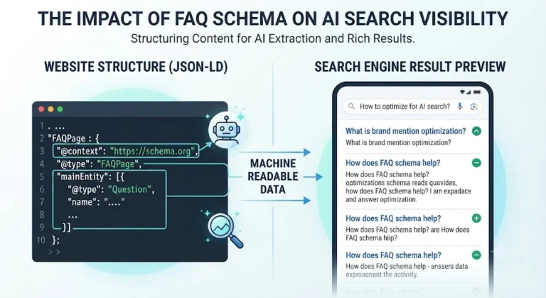 Infographic illustrating FAQ schema code structure on the left and search results preview on the right for AI search optimization