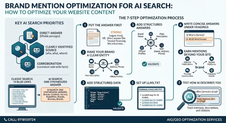 Infographic detailing the 7-step brand mention optimization process for AI search and GEO content strategy.