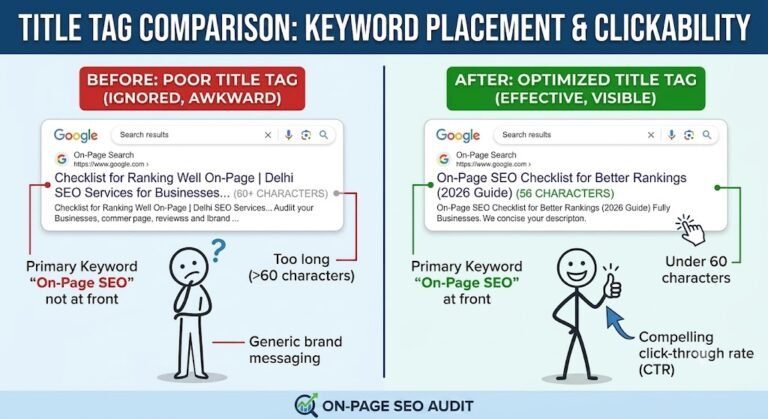 Title tag comparison showing keyword placement and clickability