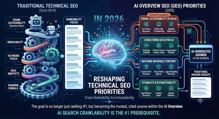 Infographic showing AI Overview SEO and GEO priorities for 2026, comparing traditional SEO to AI search optimization including crawl accessibility, structured data, and machin