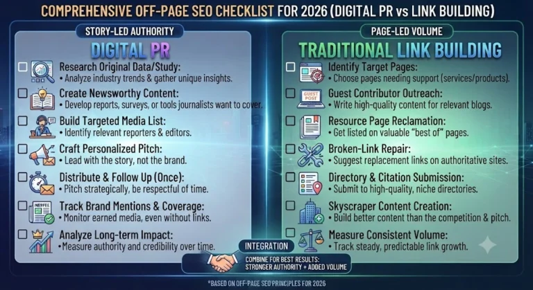 Comprehensive off-page SEO checklist comparing digital PR and traditional link building for 2026