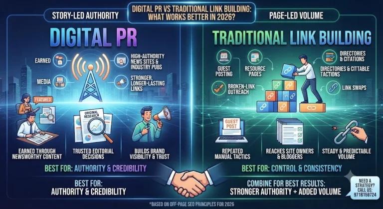 Digital PR vs Traditional Link Building comparison chart for 2026 SEO strategy