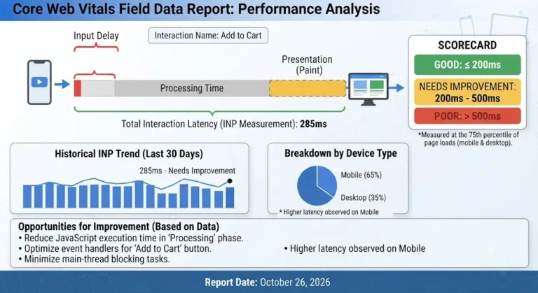 Core Web Vitals field data report mockup showing INP measurement, device breakdown, and performance analysis