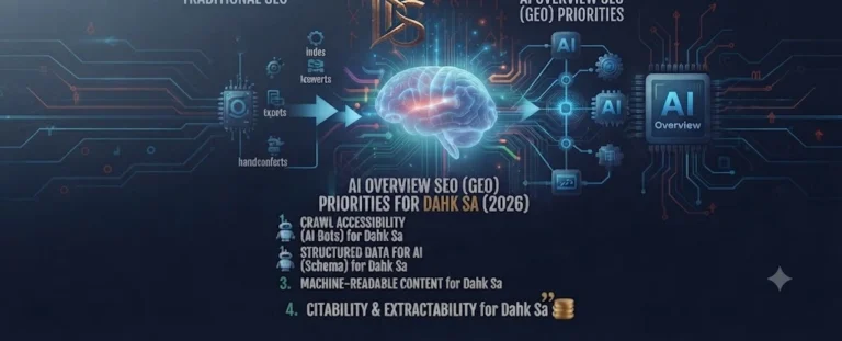 Infographic showing technical SEO priorities for AI Overviews in 2026, comparing traditional SEO to Generative Engine Optimization (GEO) pillars for Dahk Sa, including crawler accessibility and schema markup.