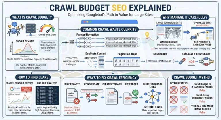 Crawl Budget SEO explained infographic showing Googlebot crawl capacity, demand, common waste culprits, and optimization techniques for large websites.