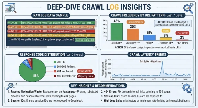 Deep-dive crawl log insights infographic showing raw log data samples, crawl frequency by URL pattern, response code distribution, and latency trends.