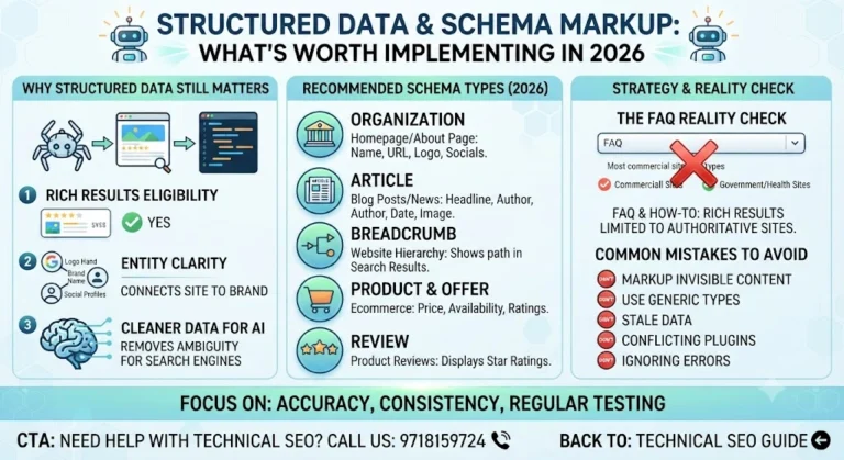 Infographic: Structured Data & Schema Markup Guide for 2026, detailing recommended schema types like Organization, Article, Breadcrumb, Product, and Review, along with the FAQ schema reality check and common mistakes to avoid.