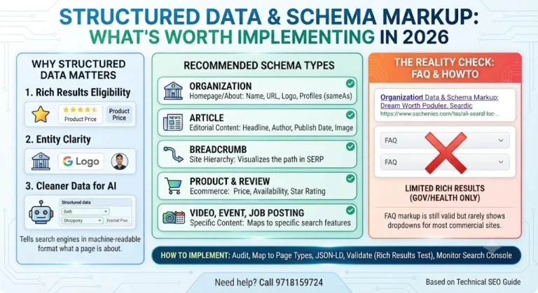 Infographic: Structured Data & Schema Markup implementation steps, covering audit, mapping, JSON-LD setup, validation via Rich Results Test and Schema Markup Validator, and monitoring via Search Console.