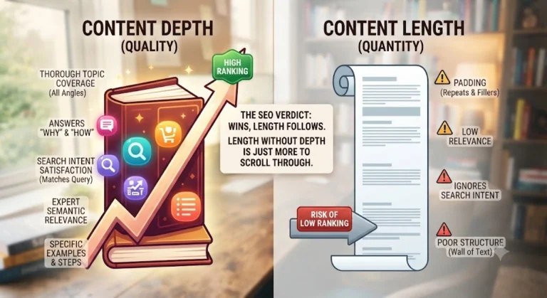 Content depth vs length SEO infographic showing topical coverage, search intent, and structure vs word count