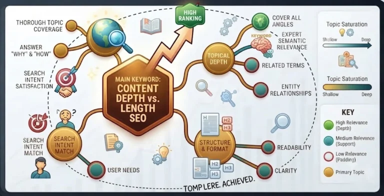 Topic-coverage map mind map showing content depth, topical depth, structure, and search intent for SEO rankings