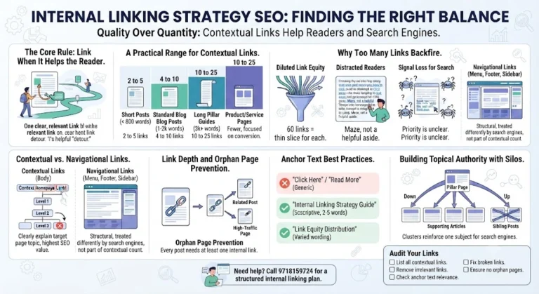 Internal linking strategy infographic showing contextual link ranges, anchor text best practices, and silo structures