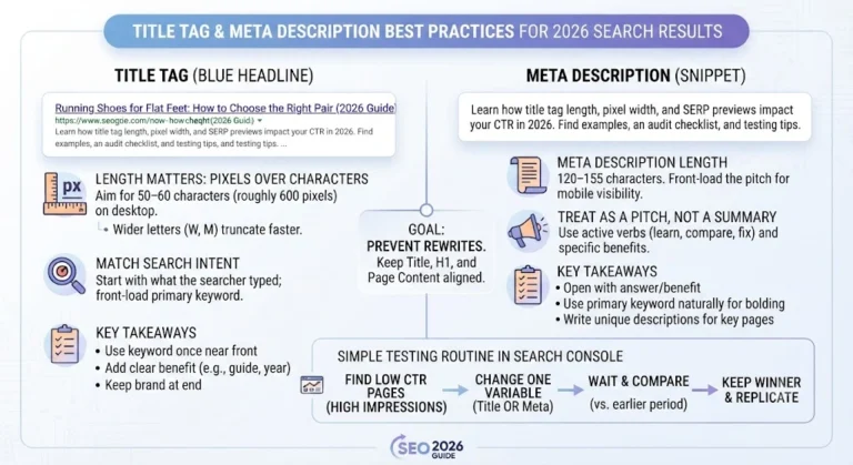 Infographic summarizing title tag and meta description best practices for 2026 including character limits, pixel widths, and CTR optimization tips.