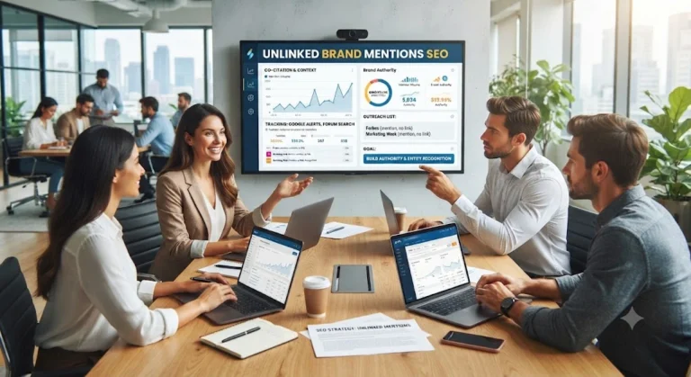 Team discussing unlinked brand mentions SEO and entity recognition strategy in a modern office.