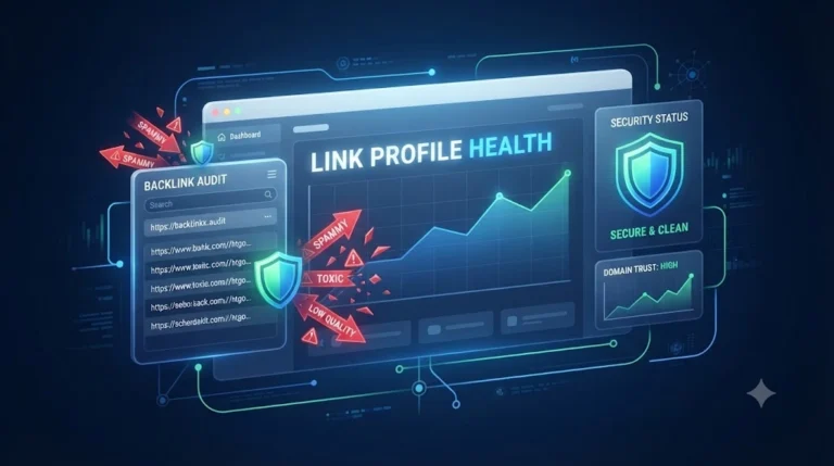 3D dashboard graphic illustrating link profile health, security shields, and toxic spam backlink analysis for SEO audits